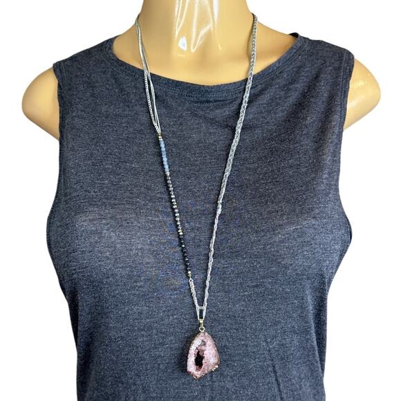 Nakamol Amethyst Geode Slice Pendant Beaded Chain Necklace - Picture 1 of 11